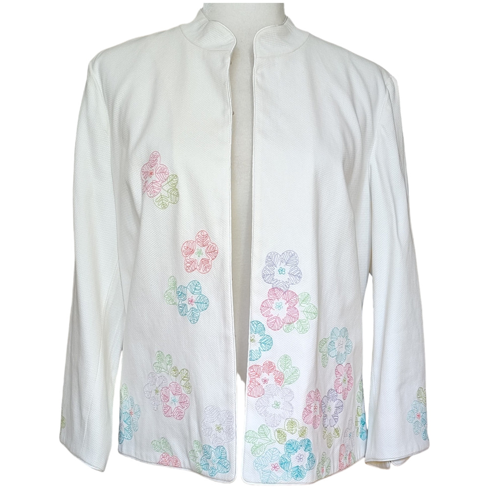 Sigrid Olsen Sport White Floral Embroidered Hook Eye Closure Jacket Sz 10 Lined